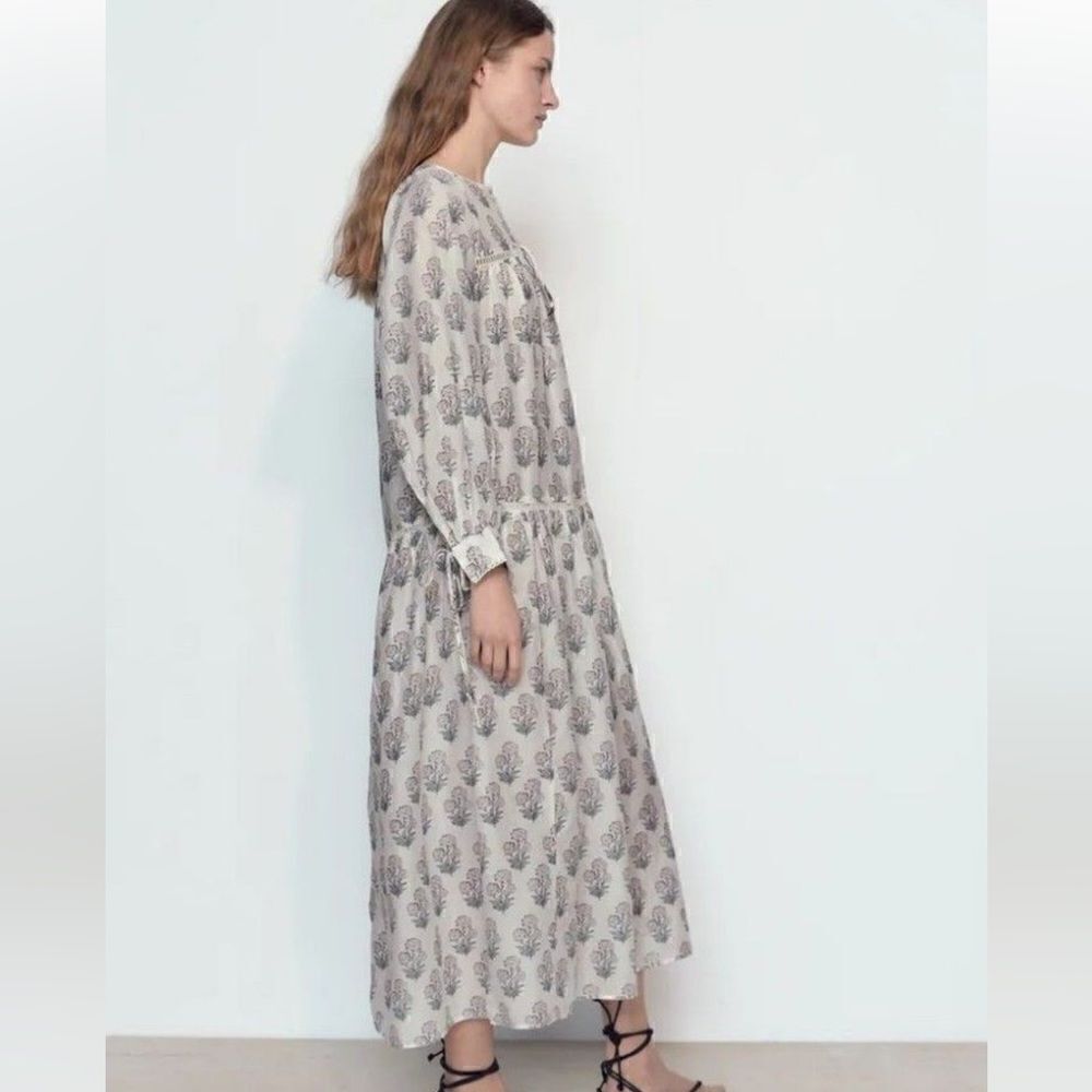 Zara Maxi Dress Block Print Boho Flowy Long Sleeves Floral Cream Blue Pink S - Picture 5 of 16